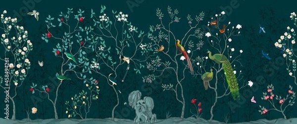 Obraz Chinoiserie Vintage floral illustration for wallpaper, fabric, packaging. Mural. Bloom. Seamless background with exotic birds and flowers