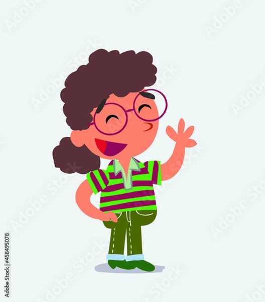 Obraz cartoon character of little girl on jeans waving informally while smiling.
