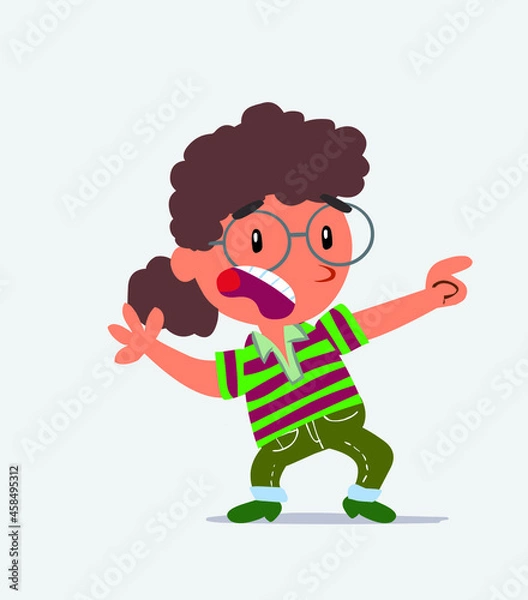 Obraz Scared cartoon character of little girl on jeans points to the side.