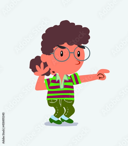 Obraz Surprised cartoon character of little girl on jeans points to something.