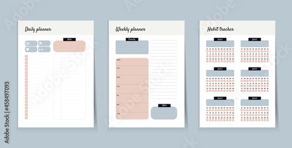 Fototapeta Organizer elements, vector template for calendars and trackers, with habit tracker, weekly and daily planner, goals and tasks