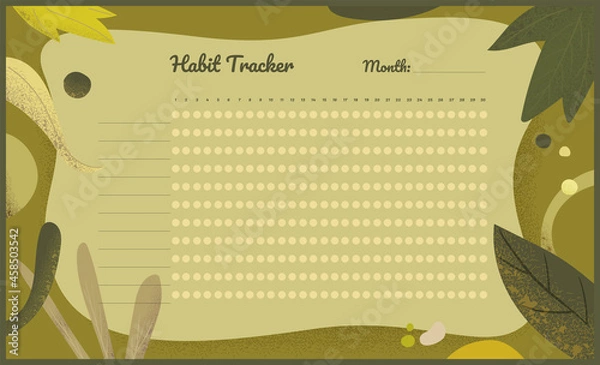 Fototapeta Habit tracker, colorful green vector template for healthy habits planning, textured natural elements