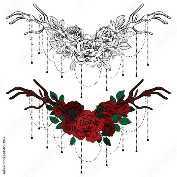 Fototapeta Vintage roses. Set of gothic tattoos. Collection of graphic and color isolated vector illustrations.