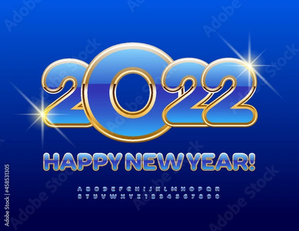 Fototapeta Vector luxury Greeting Card Happy New Year 2022! Gold and Blue Alphabet Letters and Numbers set. Modern elite Font