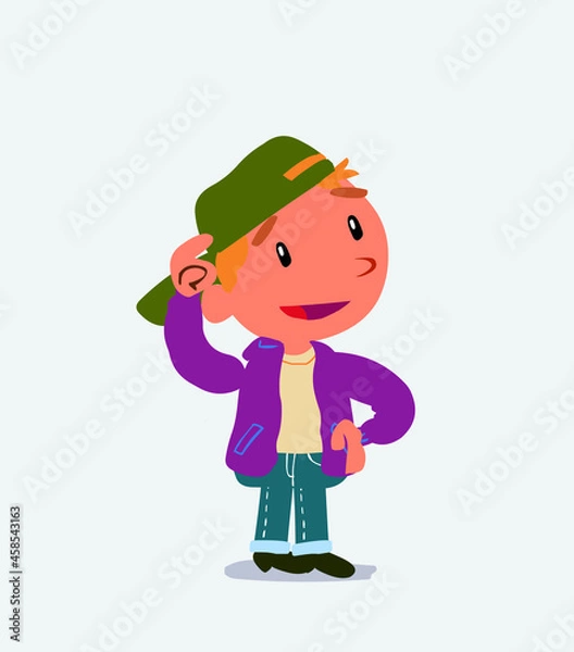 Fototapeta Thoughtful cartoon character of little boy on jeans scratching his head.