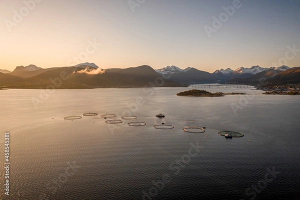 Obraz Aquaculture Fish Farm in Norway at Sunrise