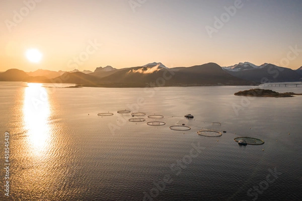 Obraz Aquaculture Fish Farm in Norway at Sunrise