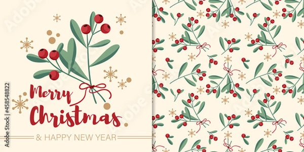 Fototapeta Christmas holiday banner with Merry Christmas and Happy New year text and seamless pattern of red berry branches with green leaves and ribbons on a light background with snowflakes.