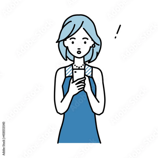 Obraz 立ってスマートフォンを操作して何かに気づいて驚いたドレスの女性