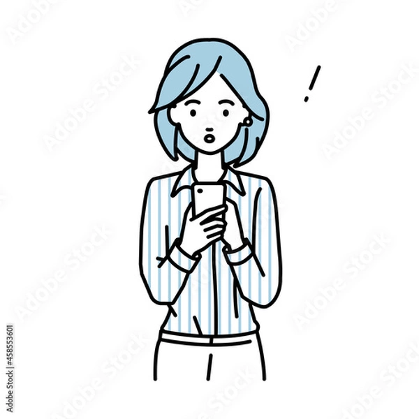 Fototapeta 立ってスマートフォンを操作して何かに気づいて驚いたブラウスの女性