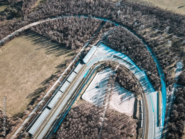 Obraz Aerial view of The Autodromo Nazionale of Monza, that is a race track located near the city of Monza, north of Milan, in Italy. Birds eye and drone shot of the circuit of Monza, near Villa Reale.