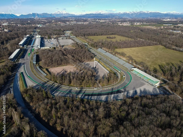 Obraz Aerial view of The Autodromo Nazionale of Monza, that is a race track located near the city of Monza, north of Milan, in Italy. Birds eye and drone shot of the circuit of Monza, near Villa Reale.