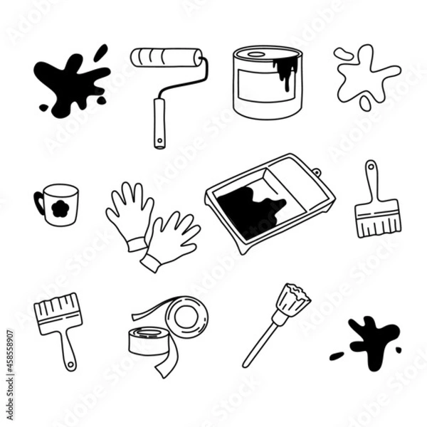 Fototapeta Tools for drawing in the interior. Repair work. Vector set of illustrations with doodles on a white background. Paint, roller, brushes. Drawings for decoration on the construction theme.