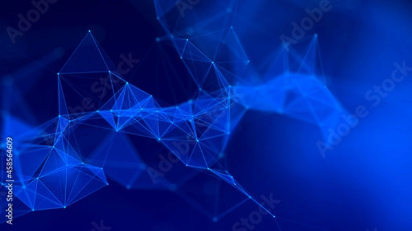 Fototapeta Network concept with lines and dots. Abstract digital background. The distribution of triangular shapes in space. 3D rendering.