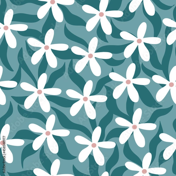 Obraz Seamless floral pattern with white flowers and pink dots and green leaves. Hand drawn floral vector suitable for fabrics. wallpaper and prints