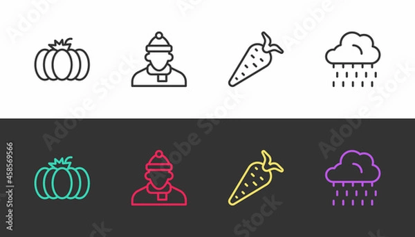 Fototapeta Set line Pumpkin, Autumn clothes, Carrot and Cloud with rain on black and white. Vector