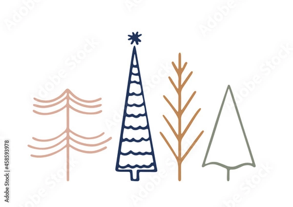 Fototapeta Pine trees Christmas vector illustration isolated on white background. Simple retro composition for Christmas holidays and winter design. Festive vector arrangement. New Year line art background
