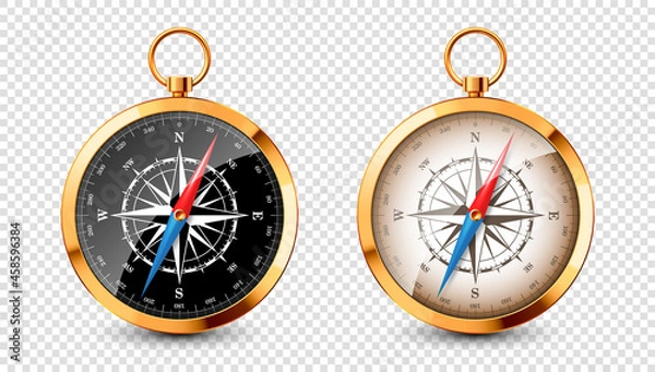 Fototapeta Realistic golden vintage compass with marine wind rose and cardinal directions of North, East, South, West. Shiny metal navigational compass. Cartography and navigation. Vector illustration.