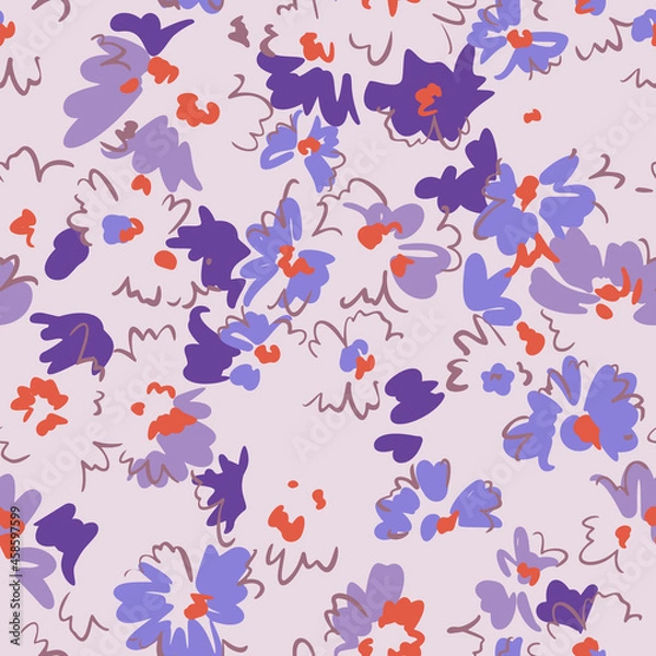 Fototapeta Spring floral seamless pattern. Outline contour lines forming stylized blooming daisy flowers. Simple geometric shapes as curved lines and brush strokes. Sketch drawing. Nature motif.