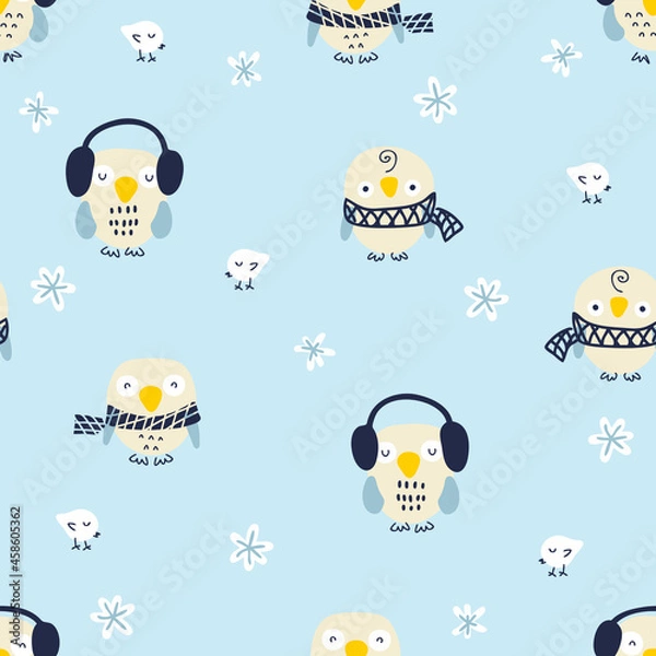 Fototapeta Cartoon style winter seamless pattern with owls, snowflakes and white birds. Perfect for poster, textile and prints. Hand drawn illustration for decor and design.
