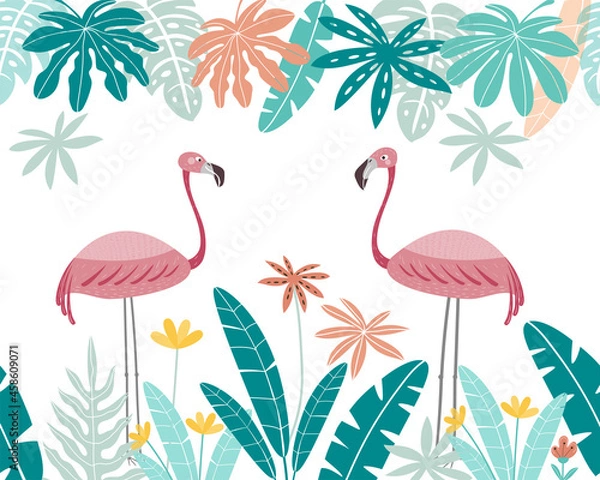 Fototapeta Cute pink flamingos with frame of tropical leaves. Flamingo isolated on a white background. 