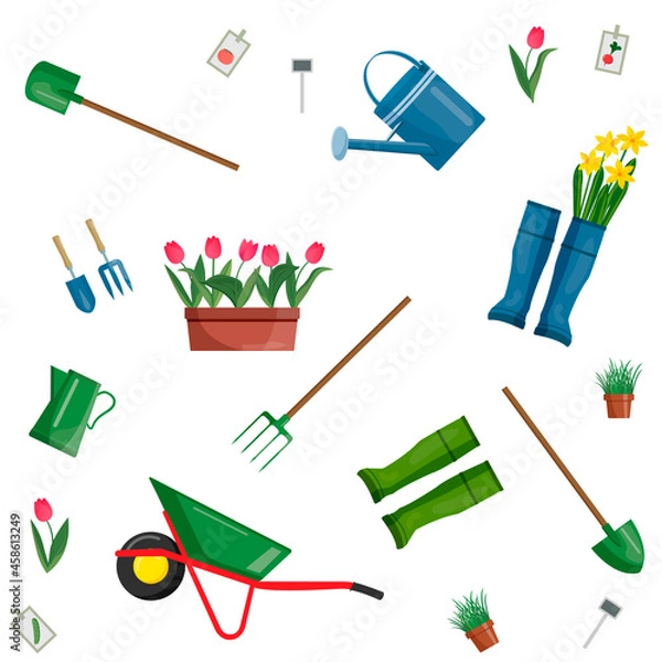 Fototapeta Seamless pattern with gardening Tools. Grow. Isolated over white background shovel and garden boots, watering can, wheelbarro on the background. Flowers in pots, tulips, daffodils, green grass Vector.