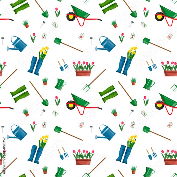 Fototapeta Seamless pattern with gardening Tools. Grow. Isolated over white background shovel and garden boots, watering can, wheelbarrow on the background. Flowers in pots, tulips, daffodils, green grass Vector