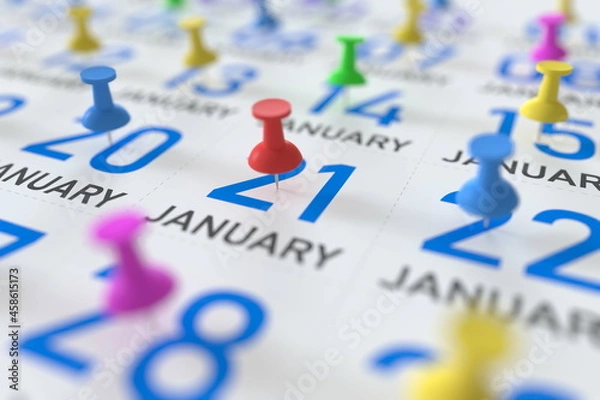 Fototapeta January 21 date and push pin on a calendar, 3D rendering
