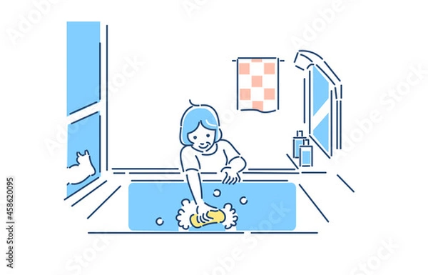 Obraz 家事をする人物　シニア　女性　お風呂掃除　イラスト