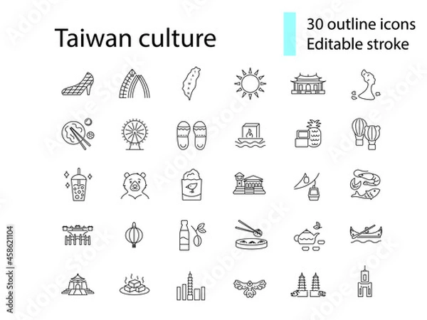 Fototapeta Asian culture outline icons set. Taiwanese attributes. Taiwan features. Editable stroke. Isolated vector illustration