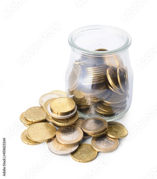 Obraz Jar with coins on white background