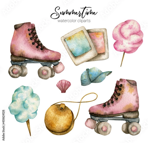 Fototapeta Watercolor summer set with rollers, polaroid photos, cap, bag, cotton candy, shell on a white background