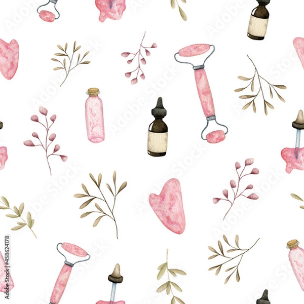 Fototapeta Watercolor spa pattern with gua sha, roller and serum on a white background