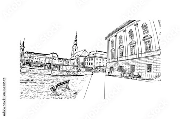 Fototapeta Building view with landmark of Klagenfurt is the 
city in Austria. Hand drawn sketch illustration in vector.