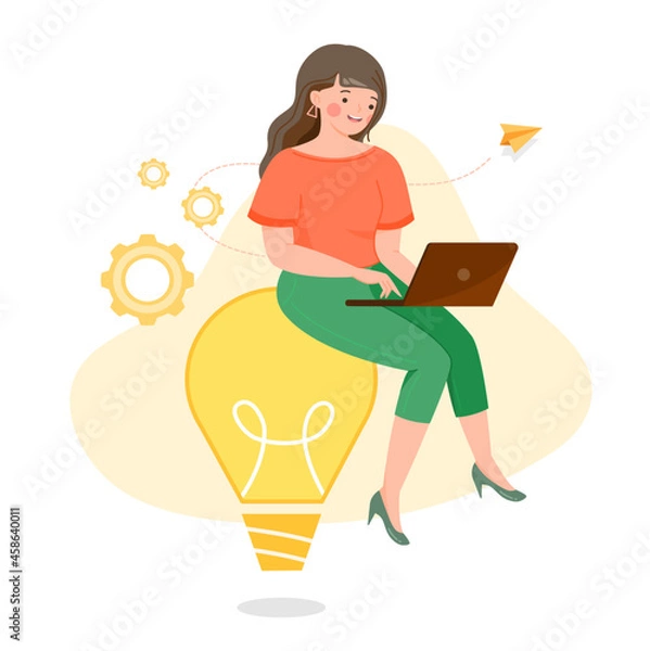Fototapeta Woman working on laptop, online job or e-learning. Girl looking at computer and sitting on light bulb with thinking process, problem solving, new idea and creativity concept. Flat vector illustration.