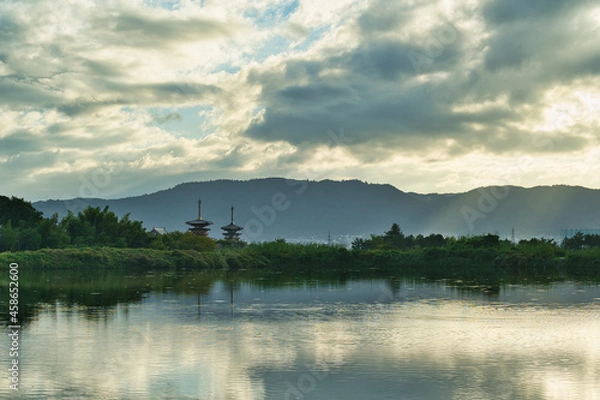 Obraz 奈良県　大池から見た薬師寺