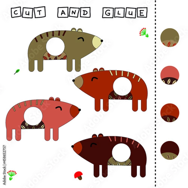 Fototapeta Developing an activity for children, the task is to cut and glue a piece on colorful cute bears . Logic game for children.