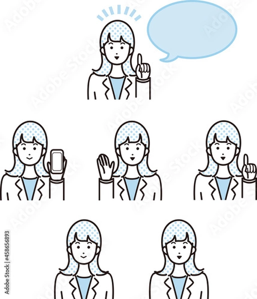 Fototapeta 女性　医者　医師　ドクター　白衣　アドバイス　笑顔　スマホ　上半身　人物　ビジネス　吹き出し　コピースペース　イラストセット