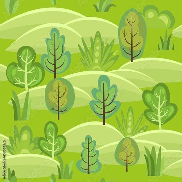Obraz Flat forest. Seamless pattern. Illustration in a simple symbolic style. Hills. Funny green landscape. Comic cartoon design. Cute scene with trees. Vector