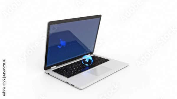 Fototapeta Neon globe on a modern computer. 3d