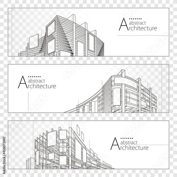 Fototapeta 3D illustration linear drawing, Imagination Architecture urban building construction perspective design banner set.