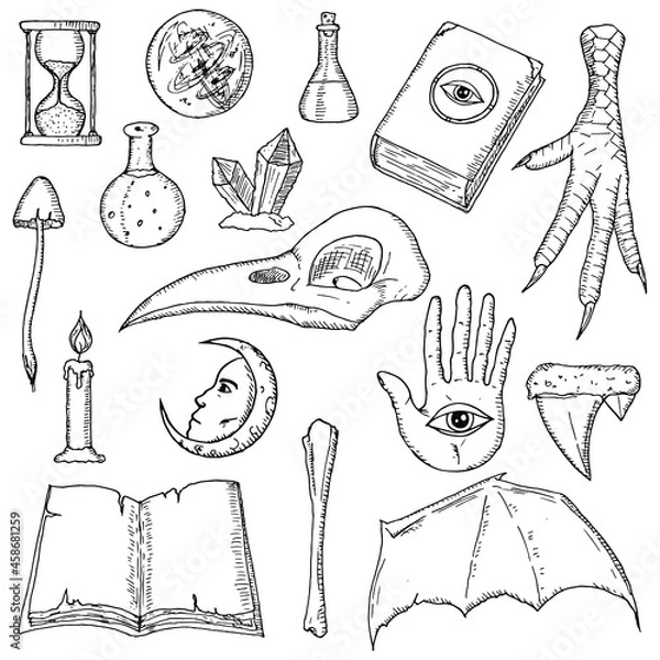 Fototapeta Occult elements. Vector illustrations. Isolated objects on a white background. Hand-drawn style.