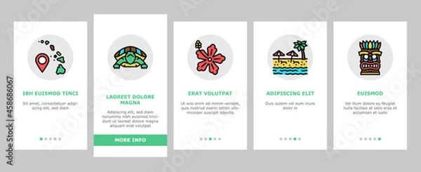 Fototapeta Hawaii Island Vacation Resort Onboarding Mobile App Page Screen Vector. Hawaiian Girl Dancing Dance And Drinking Tropical Cocktail, Bungalow Building On Water Hawaii Sandy Beach Coast Illustrations