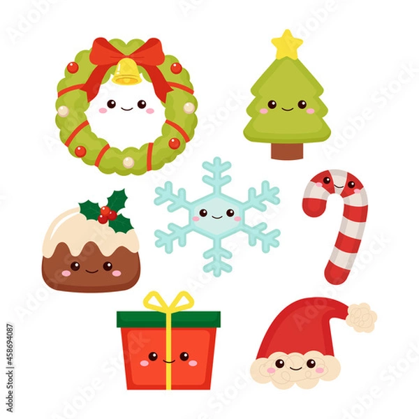 Fototapeta Kawaii Christmas objects decoration set. Flat vector cartoon style