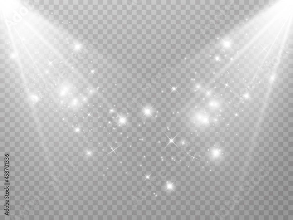 Fototapeta White sparks and golden stars glitter special light effect. Vector sparkles on transparent background. Christmas abstract pattern. Sparkling magic dust particles