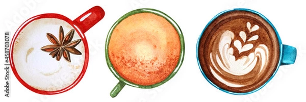 Fototapeta Watercolor set with hot drinks top view isolated on white background. Green cup with tea, red cup with coffee and star anise, turquoise cup with cappuccino.
