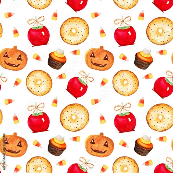 Obraz Watercolor Halloween pattern with sweets on a white background. Perfect for wrapping paper, halloween design, background or wallpaper.
