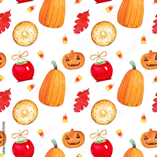 Obraz Watercolor seamless Halloween pattern with pumpkins and sweets on a white background. Well suited for wrapping paper, wallpaper and stationery. Pattern with Halloween pumpkins, caramelized apples and 