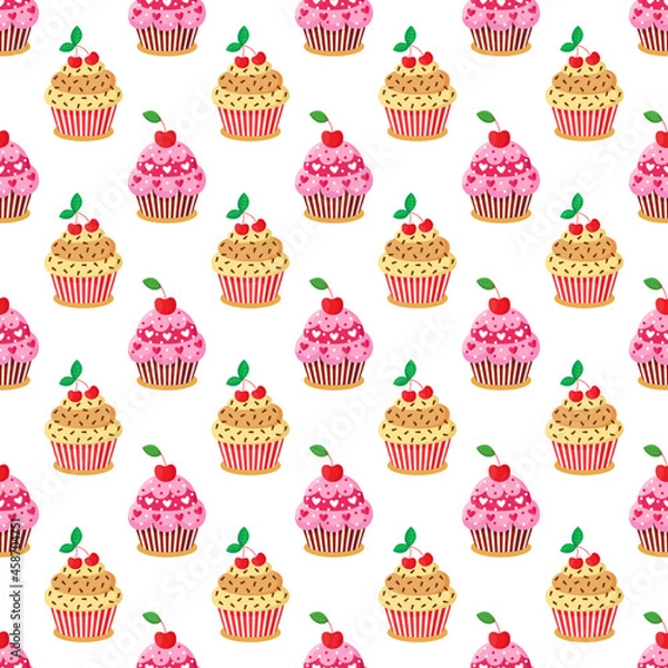 Obraz Colorful seamless pattern with sweet delicious cupcakes. Vector illustration