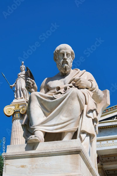 Obraz Athena or Athene, often given the surname Pallas, is an ancient Greek goddess associated with wisdom,and the philosopher Plato, a statue in the center of Athens